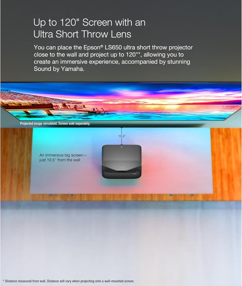 Epson EpiqVision Ultra LS650 Ultra Short Throw 3-Chip 3LCD Smart Streaming Laser Projector, 4K PRO-UHD, HDR, 3,600 Lumens, up to 120", Epson Setting Assistant, Android TV, Sound by Yamaha - Black