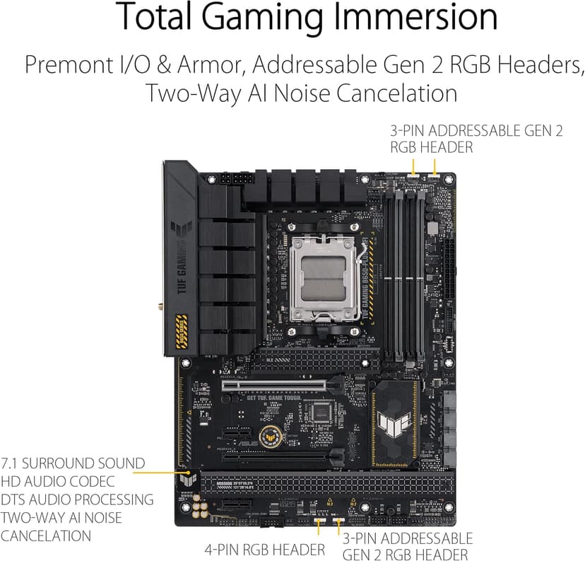 ASUS TUF GAMING B650-PLUS WIFI AMD B650 AM5 Ryzen™ Desktop 9000 8000 and 7000 ATX motherboard, 14 power stages, PCIe® 5.0 M.2 , DDR5 memory, WiFi 6 and 2.5 Gb Ethernet, USB4® support Aura Sync