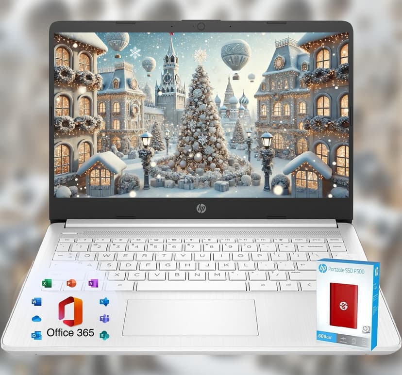 HP 14 Laptop • Back to School Limited Edition with Microsoft 365 • 4-Core Intel CPU • 8GB RAM •1600GB Storage (64GB OnBoard + 512GB P500 Portable SSD + 1TB OneDrive) • Snow White • Win 11