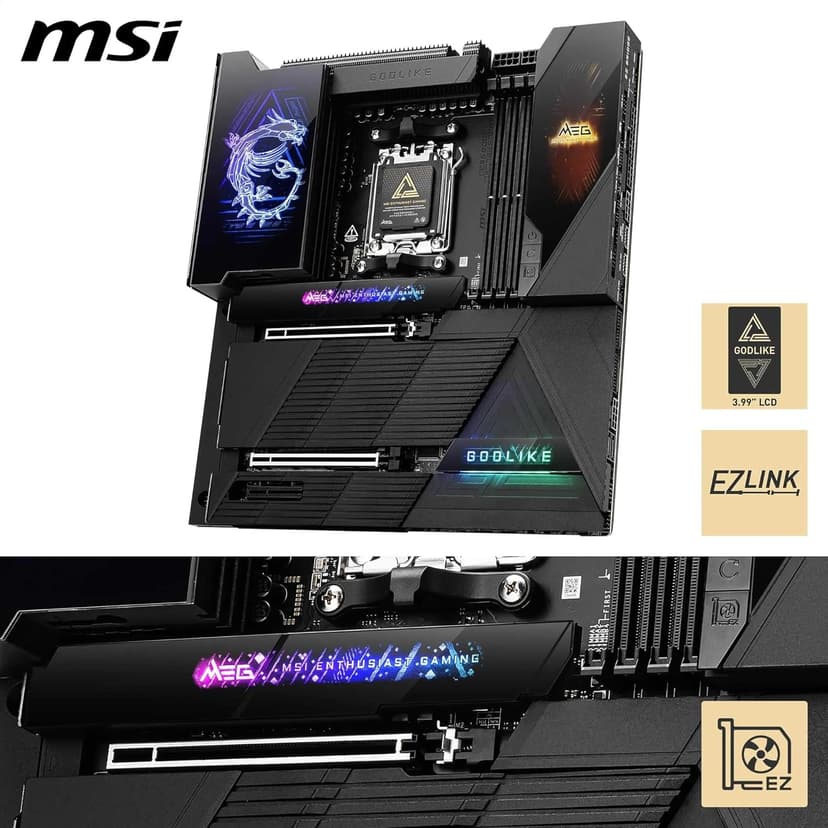 MSI MEG X870E GODLIKE, E-ATX - Supports AMD Ryzen 9000/8000/7000 Processors, AM5 - Dynamic Dashboard III, EZ Slide M.2, 110A SPS, DDR5 Memory (9000+ MT/s OC), M.2 & PCIe 5.0, USB4, Wi-Fi 7, 10G LAN