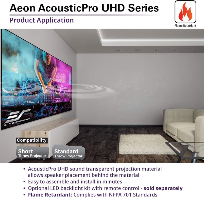 Elite Screens Aeon AUHD Series, 135-inch 16:9, 4K Home Theater Fixed Frame Edge Free Borderless Projection Sound Transparent Perforated Weave Projector Screen, AR135H2-AUHD