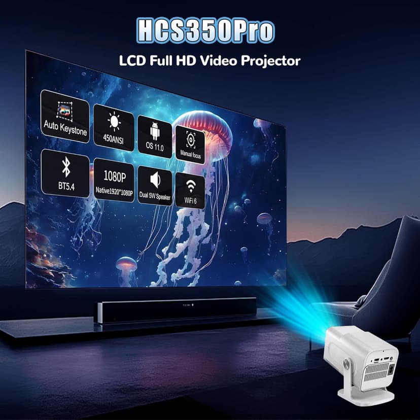 HCS350 Pro Projector and game,64G,Retro 4K Smart Game Projector 1280*1080P Built-in 30000 Games,Portable video game with 2 Wireless Controllers,5G WiFi Bluetooth,HDMI,Android 12,home theater,office