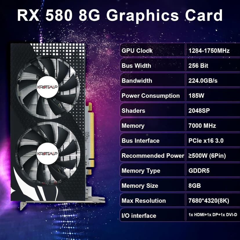 RX 580 Graphics Card, 2048SP, Real 8GB, GDDR5, 256 Bit, Pc Gaming Video Card, HDMI/DP/DVI Outputs, PCI Express 3.0 with Freeze Fan Stop for Desktop Computer Gaming Gpu