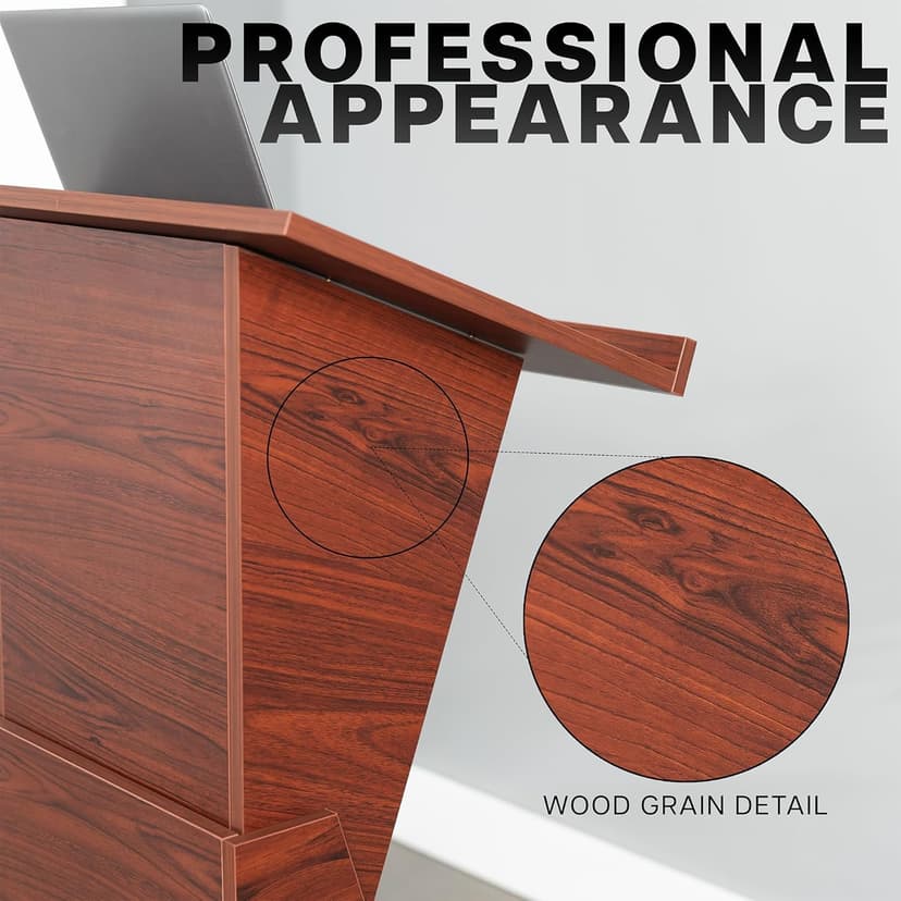 VIVO Pneumatic Height Adjustable Podium, Professional Presentation Lectern with 24 inch Platform and Storage Shelves, Dark Walnut, Stand-PDMH