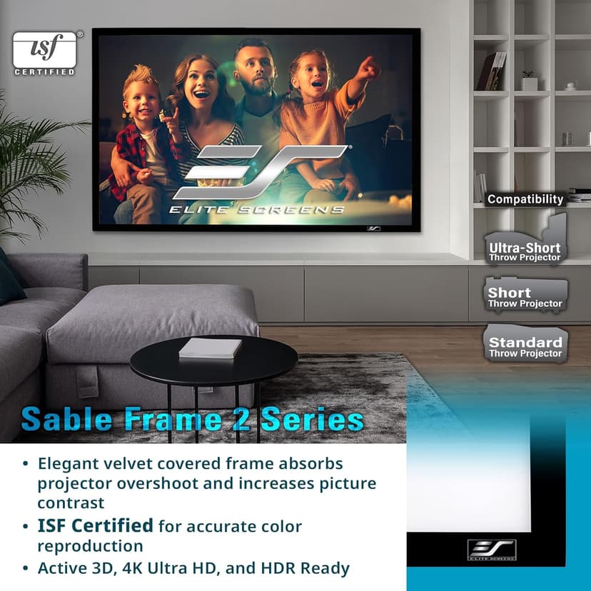 Elite Screens Sable Frame 120” Fixed Frame Projector Screen 16:9, Wall Mounted, 8K/4K UHD, ISF-Certified CineWhite, for Home Theater & Office, Compatible with Standard/Short/UST Projectors, ER120WH2
