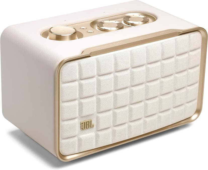 JBL Authentics 200 - Retro Style Smart Home Speaker with Built in Wi-Fi, Bluetooth and Voice Assistants, Alexa and Google Assistant, Multi-Room Playback, Automatic self Tuning (White/Gold)