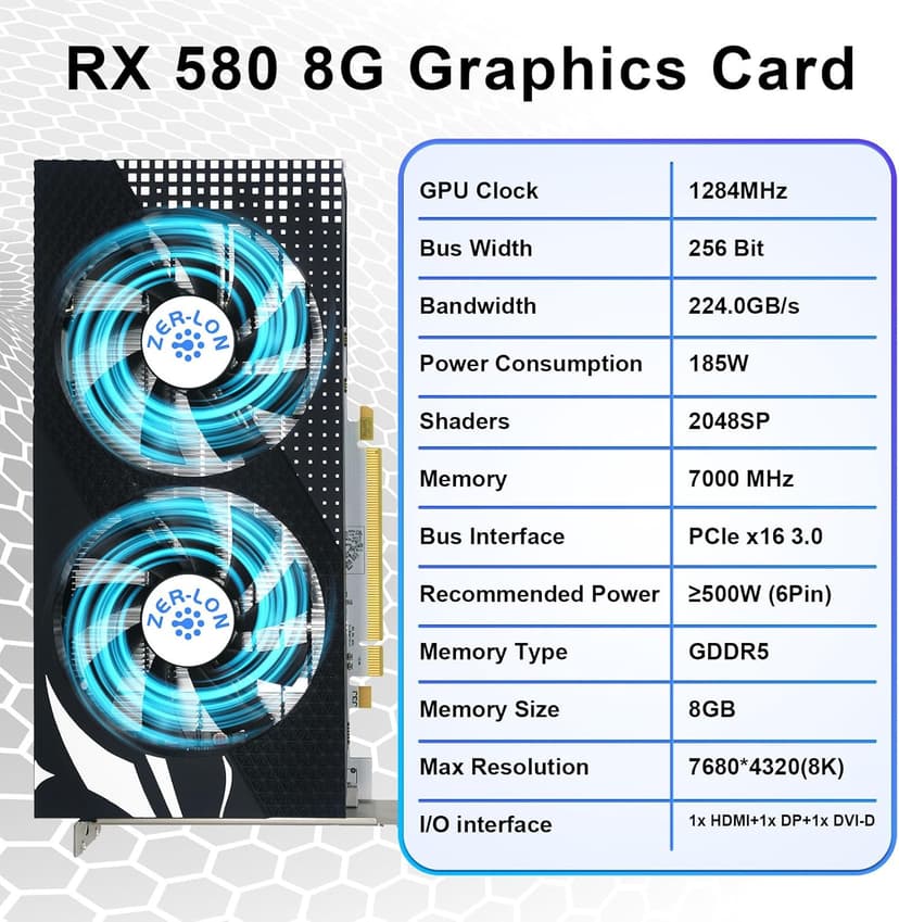 Radeon RX 580 8GB Graphics Card, 2048SP GDDR5 256 Bit Pc Gaming Video Card with Dual Cooling Fan, HDMI DP DVI-Output, PCI Express 3.0 Computer GPU for Office and Gaming