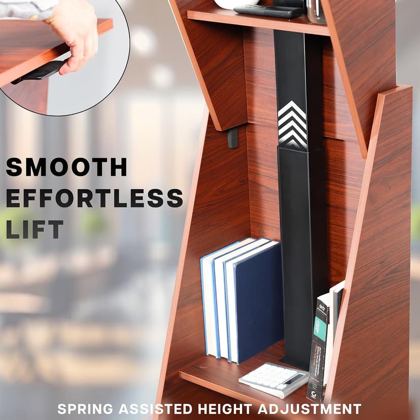 VIVO Pneumatic Height Adjustable Podium, Professional Presentation Lectern with 24 inch Platform and Storage Shelves, Dark Walnut, Stand-PDMH