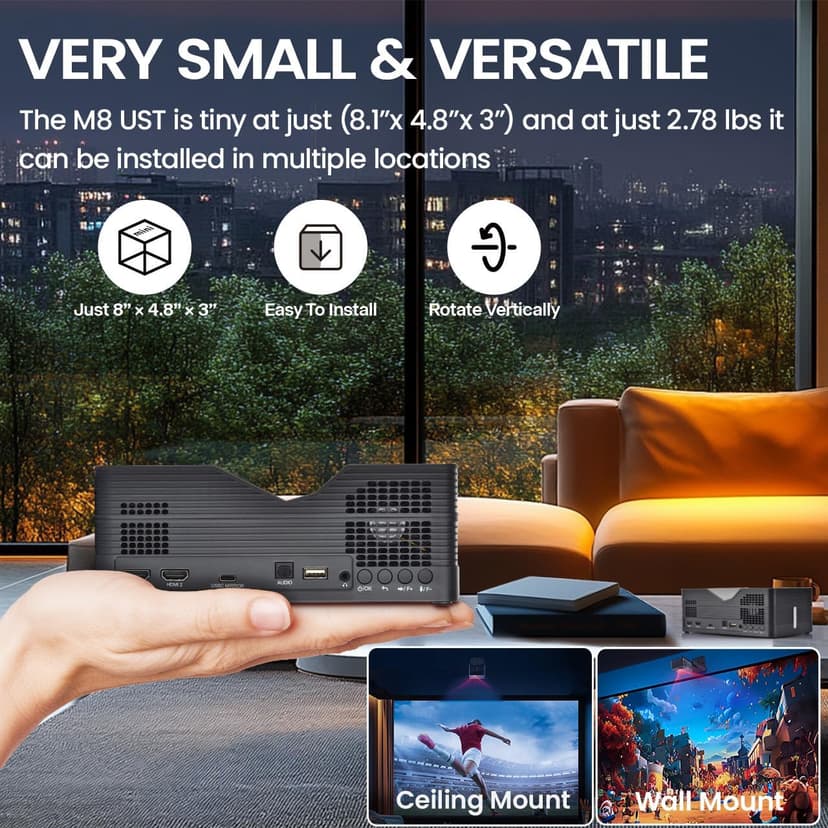AAXA M8 UST Ultra Short Throw 4K Laser Projector 1100 LD Lumens, BT 5.4, WiFi 6, USBC Mirroring, 2xHDMI, Optical Audio, Efocus, Auto Keystone, Smart Technology
