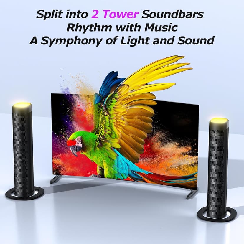 Sound Bar,100W Sound Bar for Smart TV with 3 RGB Lights Modes, Bluetooth 5.3, ARC/Opt/AUX Connect, Detachable 2-in-1 Speaker, 3 Equalizer Modes, Bass Surround Soundbar for TV/PC/Gaming/Projectors