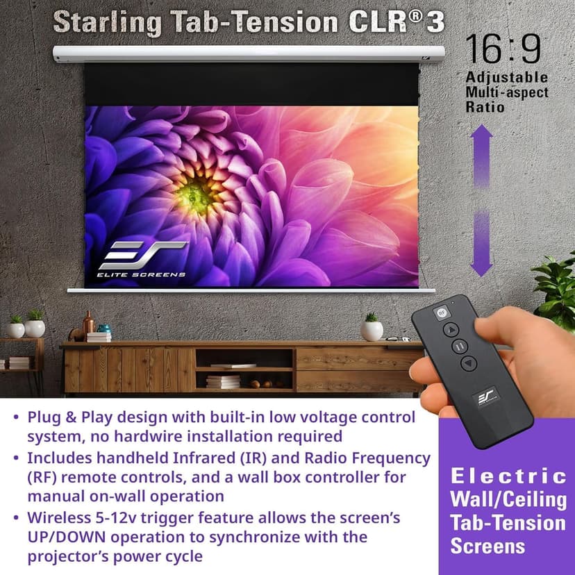 Starling Tab-Tension CLR® 3 Series Upgraded RC1 Kit, 121-INCH Diag.16:9 Ultra Short Throw Ceiling Ambient Light Rejecting (CLR/ALR) Electric Wall/Ceiling Retractable Projector Screen, STT121XH2-CLR3