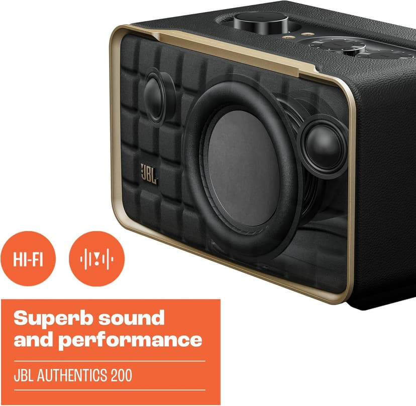 JBL Authentics 200 - Retro Style Smart Home Speaker with Built in Wi-Fi, Bluetooth and Voice Assistants, Alexa and Google Assistant, Multi-Room Playback, Automatic self Tuning (White/Gold)