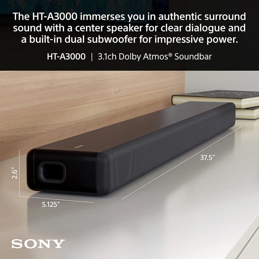 Sony HT-A3000 3.1ch Dolby Atmos TV Sound Bar with DTS:X, 360 Spatial Sound Mapping, Dual Subwoofers, Wi-Fi, Bluetooth, Airplay 2