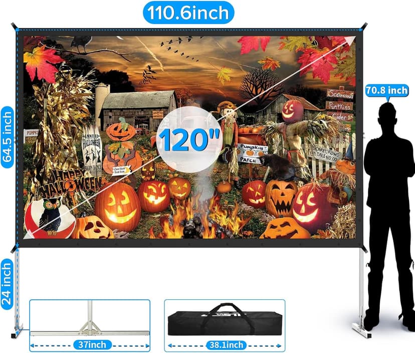120 inch Outdoor Movie Screen - Upgraded 3 Layers PVC 16:9 Projector Screen, Portable Video Projection Screen with Carrying Bag for Home Theater Backyard