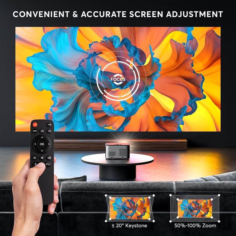 [2s Focus with Remote] PANSEBA 4K Projector, Native 1080P Bluetooth Projector, Portable Outdoor Movie Projector, Mini Projector for Home Theater, Compatible with Smartphone,HDMI,USB,TV Stick