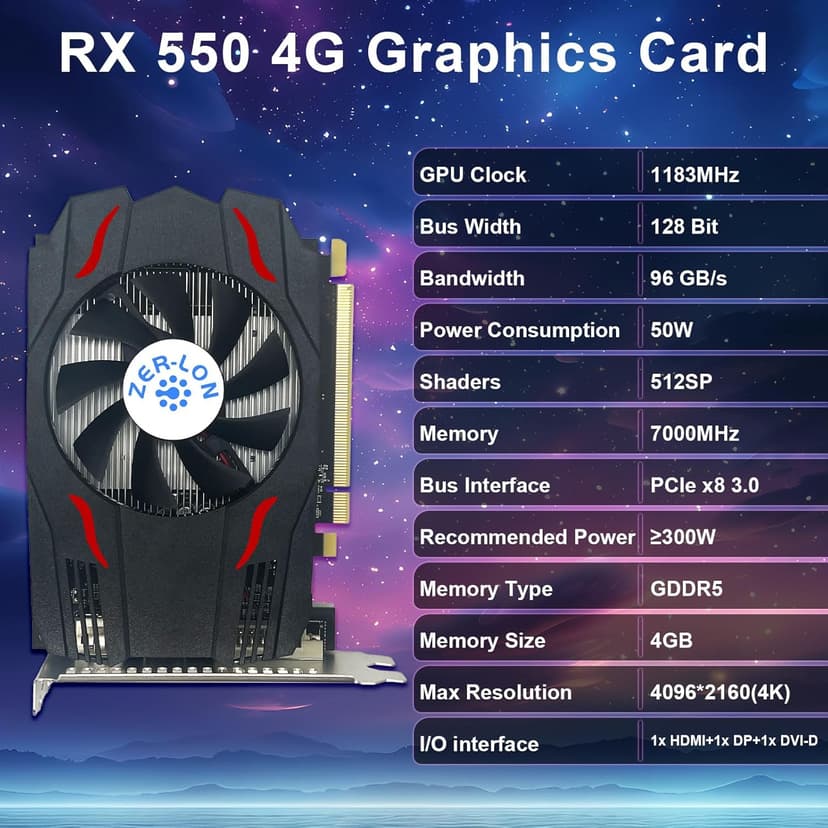 AMD Radeon RX 550 Graphics Card, 4GB GDDR5 128 Bit 1183MHz DP HDMI DVI-Output GPU, PCIE 3.0 Computer Gpu Support Up to 4K Video Card for Office and PC Gaming