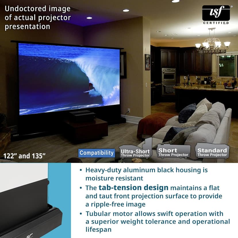 EliteProjector Screens Kestrel Tab-Tension 3 CineWhite, 122" Diag., 16:9 Aspect Ratio, ISF Certified 4K/8K Ultra HD Electric Floor-Rising Motorized Tab-Tensioned Front Projector Screen, FTE122H3