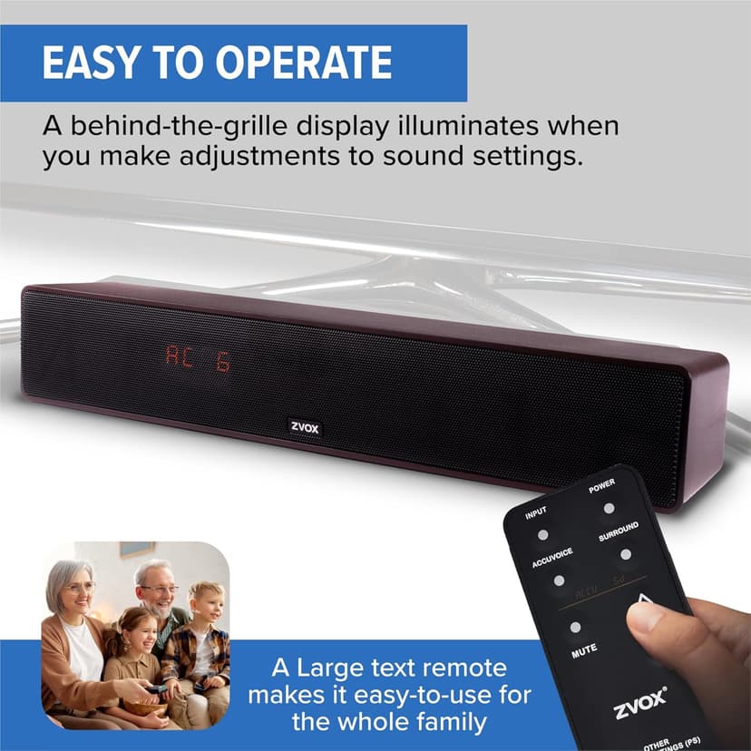 ZVOX Dialogue Clarifying Sound Bar - Patented Hearing Technology, AccuVoice TV Sound Bar with 12 Levels of Voice Boost, 17" Home Theater TV Speakers, Ideal for Smart TVs - AV157 Black