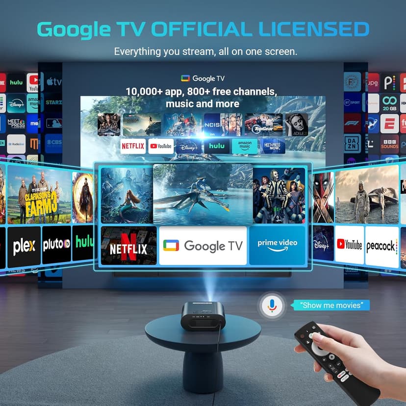 GooDee Smart 4K Projector with WiFi and Bluetooth, Google TV-Licensed Outdoor Movie Projector with Netflix / Prime Video / YouTube Built-in, Keystone Voice Control Home Theater