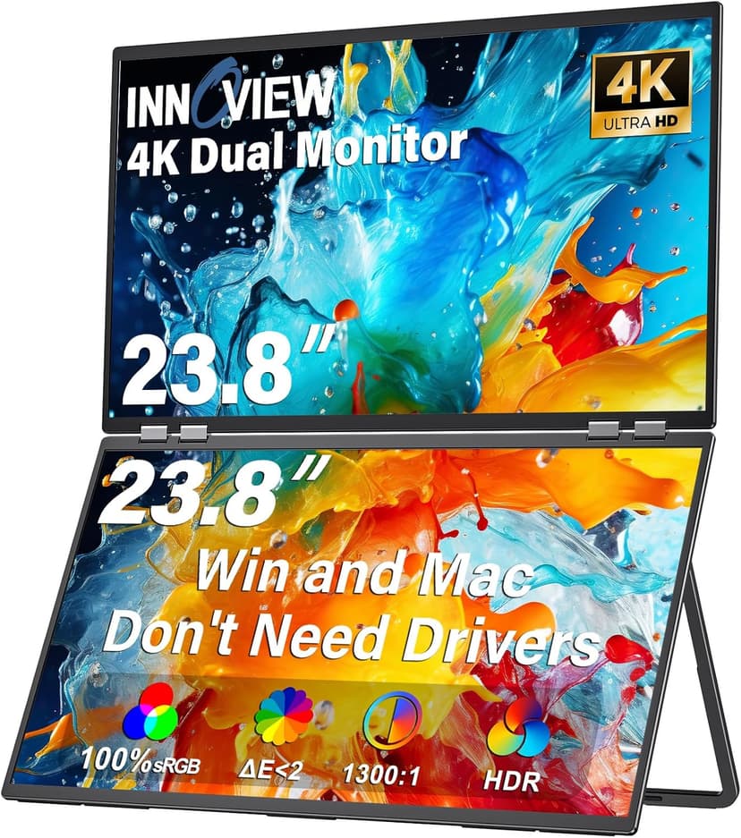 InnoView 23.8" Dual Mnonitor 4K UHD 100% sRGB Dual Screen Monitor 315°Adjustable Foldable Monitor for Laptop MacBook Windows with DP Type-C HDMI (No Driver Needed)