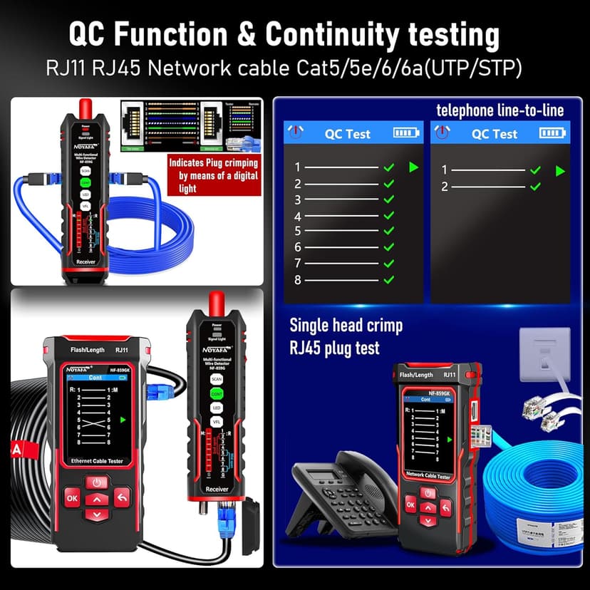 NOYAFA NF-859GK Network Cable Tester with IP Tester 10mw Visual Fault Locator,PING/POE/RJ45 RJ11 CAT5 CAT6 Cable Toner Ethernet Tester for Phone Lines CAT3, Ethernet,Wire Tracer LAN Network Tool