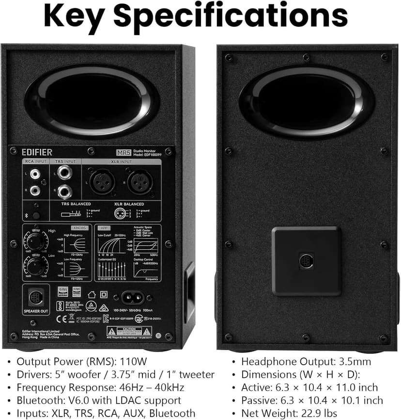 Edifier MR5 2.0 Studio Monitor Bookshelf Speakers, 110W(RMS), Hi-Res Audio, Bluetooth 6.0, 3-Way Active Design, Room Compensation, XLR/TRS/RCA Inputs, Compact Size for Home Studio & Music - Black