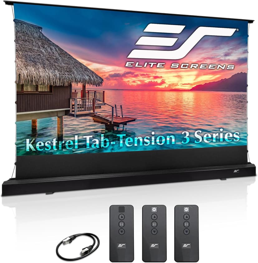 EliteProjector Screens Kestrel Tab-Tension 3 CineWhite, 122" Diag., 16:9 Aspect Ratio, ISF Certified 4K/8K Ultra HD Electric Floor-Rising Motorized Tab-Tensioned Front Projector Screen, FTE122H3