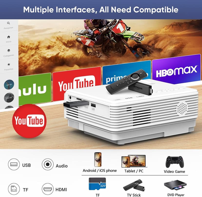 Projector with WiFi and Bluetooth, Upgrade Outdoor Projector, Mini Movie Projector Supports 1080P Synchronize Smartphone Screen by WiFi/USB Cable for Home Entertainment
