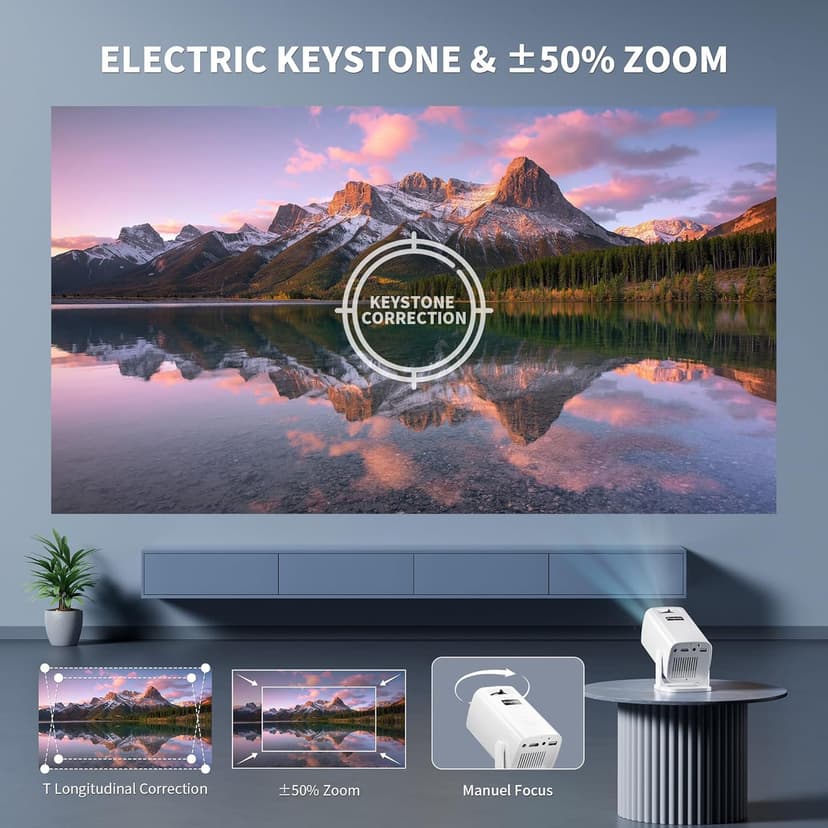 Mini Projector, Portable Projector 4K Support, Full HD 1080P Outdoor Projector, 270° Rotation Movie Projector, Max 200" Screen, Compatible with Smartphone, TV Stick, Laptop, PS4, HDMI, USB