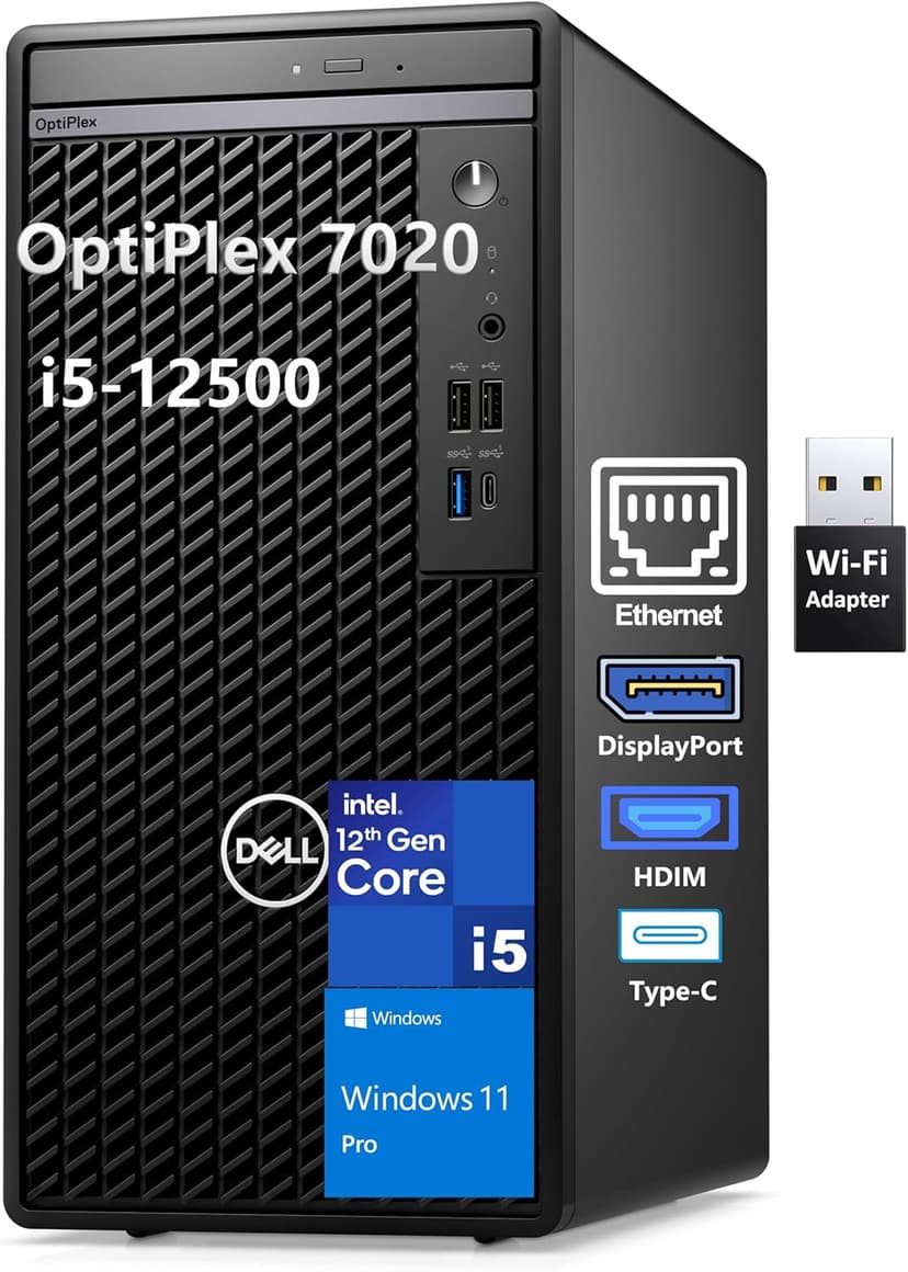 Dell OptiPlex 7020 Desktop Computers, 7000 Tower PC, Intel 6-Core i5-12500 (Beat i7-11700), 32GB DDR5 RAM, 1TB PCIe SSD, DVDRW, WiFi Adapter, RJ-45, HDMI, DisplayPort, KB and Mouse, Windows 11 Pro