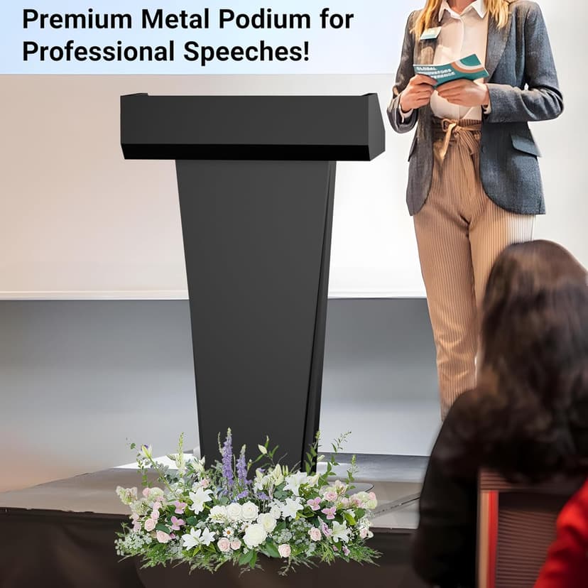 Tredre Black Metal Podium Stand with Wheels, Heavy-Duty Lecterns & Podiums with Storage, Premium Pulpits for Churches, Classrooms and Conferences, Scratch-Resistant Surface, 46.5”H