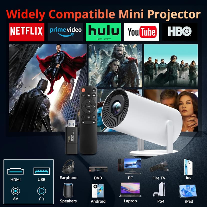 Auto Keystone Projector with WIFI and Bluetooth, Pericat 210° Rotatable Portable Projector, 18000L Native 1080P Home Theater, Outdoor Movie Projectors Compatible with TV Stick, Laptop, PC, Smartphone