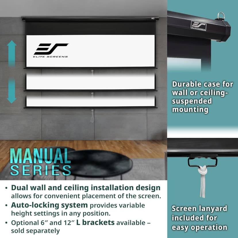 Elite Screens Manual Series, 150-INCH 16:9, Pull Down Manual Projector Screen with AUTO LOCK, Movie Home Theater 8K / 4K Ultra HD 3D Ready, 2-YEAR WARRANTY, M150UWH2