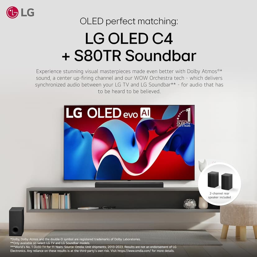 LG S80TR 5.1.3 ch. OLED evo TV Matching Home Theater Soundbar with Rear Surround Speakers and Wireless Subwoofer, Wow Orchestra, Dolby Atmos, WOWCAST Built-in (2024 Model)