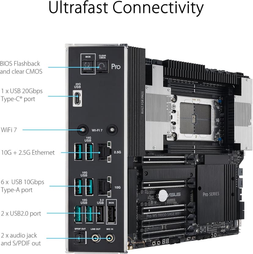 ASUS Pro WS TRX50-SAGE WIFI CEB Workstation motherboard, AMD Ryzen Threadripper PRO 7000 WX,ECC R-DIMM DDR5, 36 power-stage, WiFi 7,PCIe 5.0 x 16,PCIe 5.0 M.2, 10 Gb and 2.5 Gb LAN, multi-GPU support.