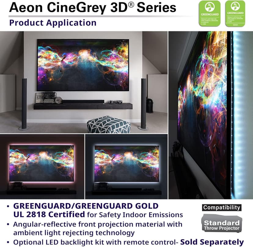 Elite Screens 135 inch CLR/ALR Projector Screen 16:9 4K, Standard Throw Projection, Edge Free Ambient Light Rejecting Fixed Frame Grey for Indoor Movie Screen Home Theater - Aeon CineGrey 3D AR135DHD3