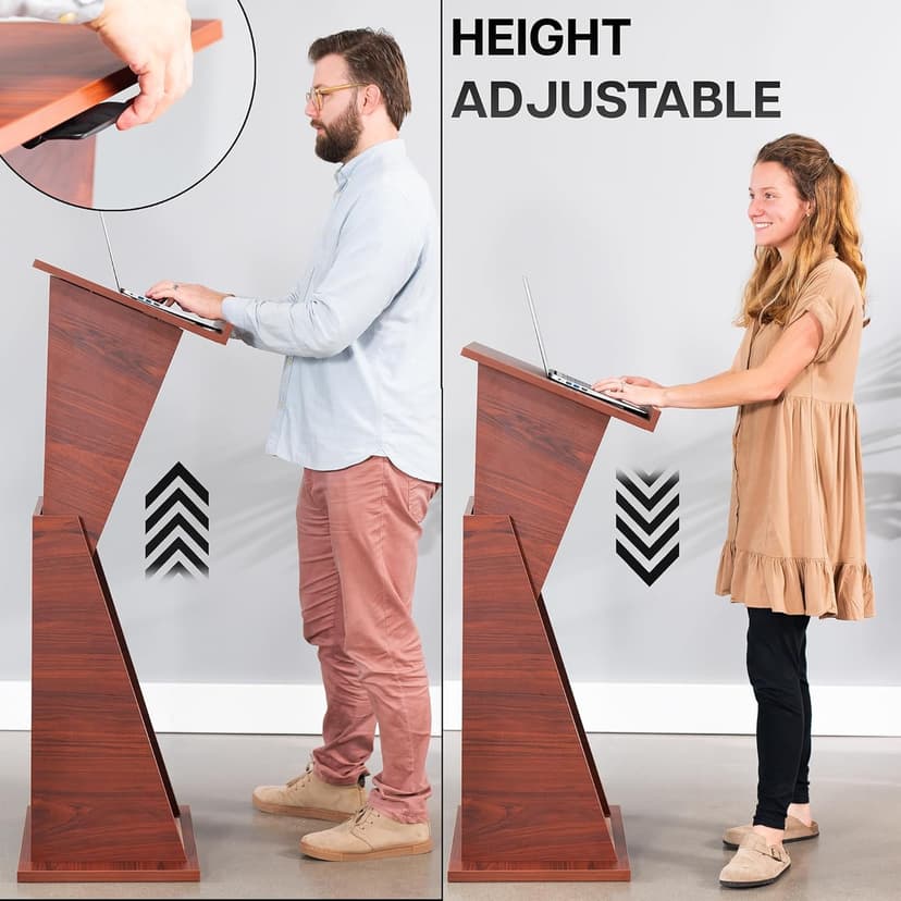 VIVO Pneumatic Height Adjustable Podium, Professional Presentation Lectern with 24 inch Platform and Storage Shelves, Dark Walnut, Stand-PDMH