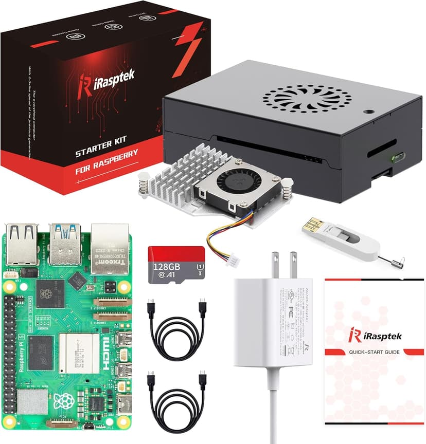 iRasptek Starter Kit for Raspberry Pi 5 8GB RAM-Pre-Loaded with 128GB Edition Raspberry Pi OS (Aluminum Case)