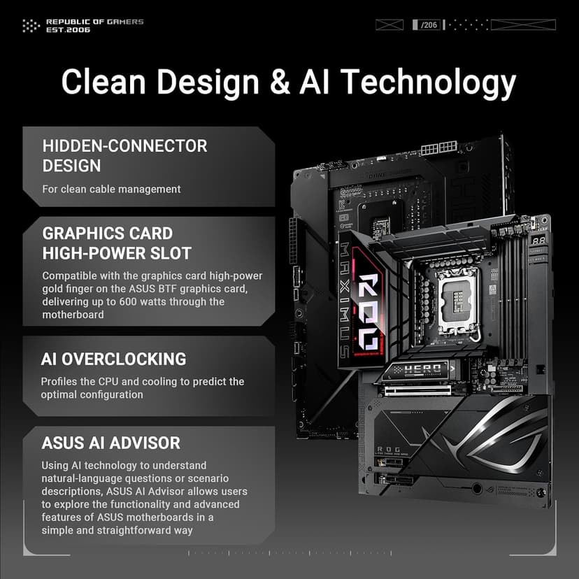 ASUS ROG MAXIMUS Z890 HERO BTF Z890 LGA 1851 ATX motherboard, hidden-connector design, Advanced AI PC Ready, 22+1+2+2 stages, DDR5, WiFi 7, 2.5G LAN, 6x M.2, PCIe 5.0, Thunderbolt 4, USB Type-C, AI OC