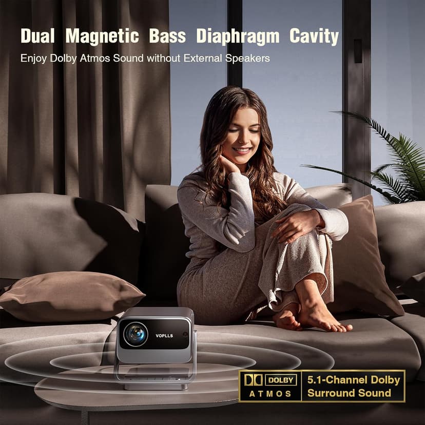 [Netflix Officially & AI Auto Focus] VOPLLS 4K Projector with WiFi and Bluetooth, 3D DoIby Audio & Auto Keystone Video Projector, 600 ANSI Outdoor Movie Projector, 50% Zoom, MAX 300''Display(Grey)