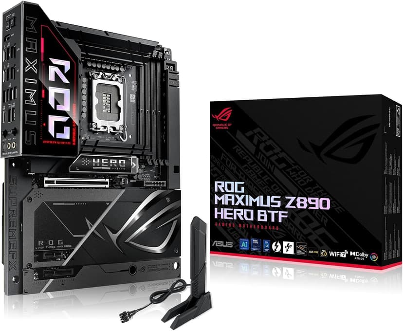ASUS ROG MAXIMUS Z890 HERO BTF Z890 LGA 1851 ATX motherboard, hidden-connector design, Advanced AI PC Ready, 22+1+2+2 stages, DDR5, WiFi 7, 2.5G LAN, 6x M.2, PCIe 5.0, Thunderbolt 4, USB Type-C, AI OC