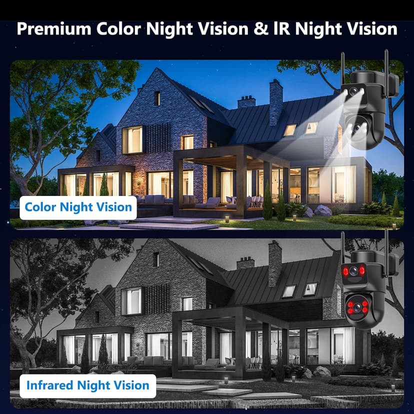 4K Solar Security Cameras Wireless Outdoor Battery Powered, 5GHz & 2.4GHz Dual Lens Bullet & 360°PTZ Linkage Outdoor Security Camera with Solar Panel, 8X Digital Zoom, Color Night Vision