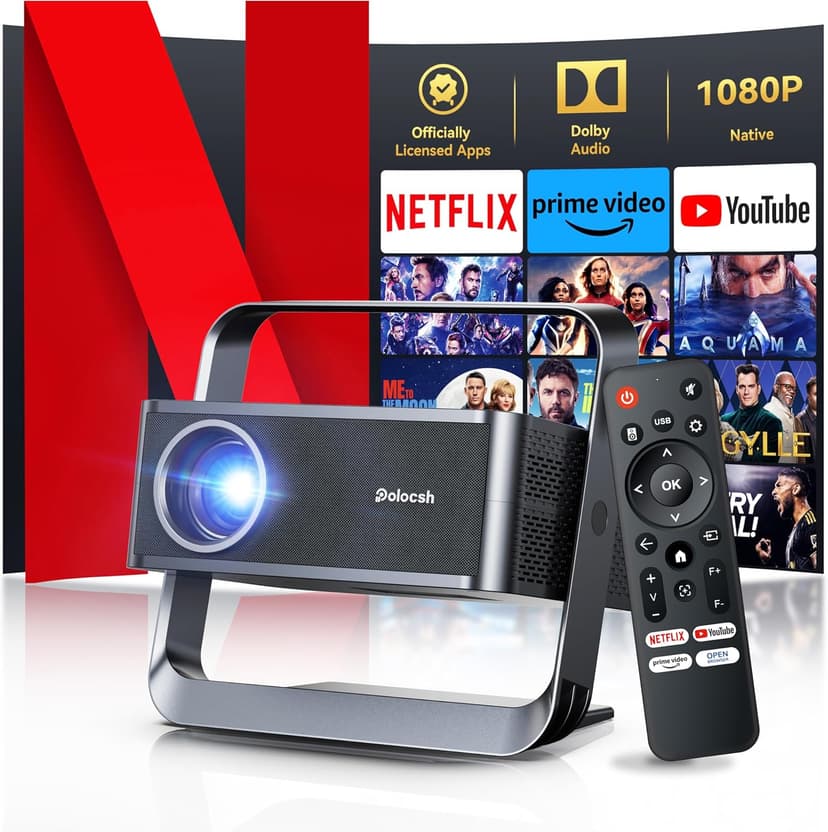 [Netflix Licensed & Native 1080P] Polocsh 4K Projector with WIFI 6 and Bluetooth, 1000ANSI Smart Projector with Auto Keystone Protable Projectors Home Theater Movie Outdoor Mini Proyector