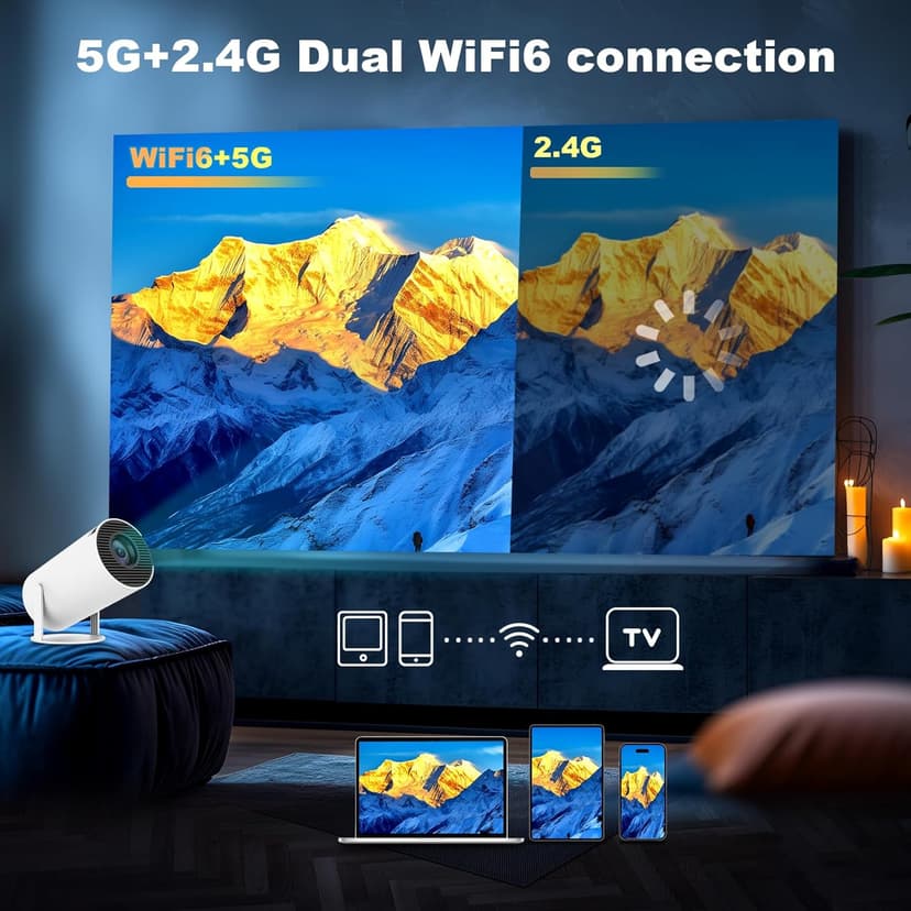 Mini Projector, HY300 PRO Portable Projector, Support 4K 1080P with Dual-Band WIFI6 5G Wireless 5.2 Bluetooth Android 13, 180° Rotatable, Auto Keystone Correction, 35"-130" Screen Video Projector