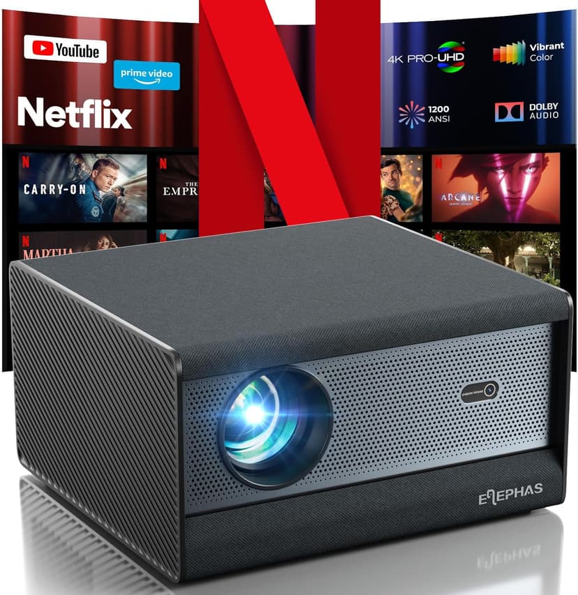 ELEPHAS Smart 4K PRO-UHD Projector with WiFi and Bluetooth, NETFLIX-Licensed, Dolby Audio, 1200 ANSI Lumens Sealed Video Projector, Auto Focus & Keystone, Portable Home Theater for Indoor/Outdoor