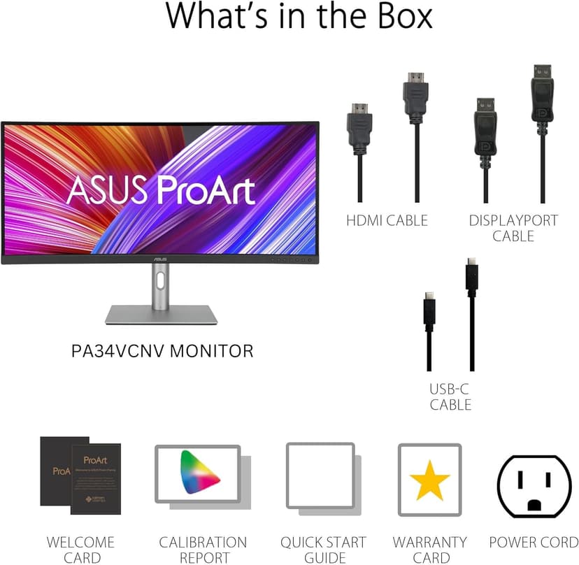 ASUS ProArt Display 34” Ultrawide Curved Professional HDR Monitor (PA34VCNV) - IPS, 21:9 3440 x 1440, 3800R Curve, 100% sRGB/Rec709, ΔE<2, Calman Verified, USB-C Docking PD 96W, RJ45, 3 Year Warranty