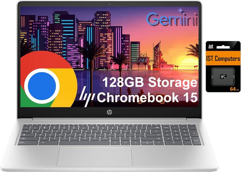HP Chromebook Laptop 15 ( 15.6" Anti-Glare, Intel N200 (> i3-1115G4), 8GB DDR5 RAM, 128GB Storage (64GB eMMC + 64GB SD Card), Numeric KB) Home & Student, Webcam w/Shutter, Wi-Fi, Chrome OS, Silver