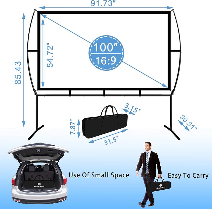 Projector Screen with Stand Foldable Portable Movie Screen（16：9）, HD 4K Double Sided Indoor Outdoor Projection Screen for Home Theater (100 Inch) …