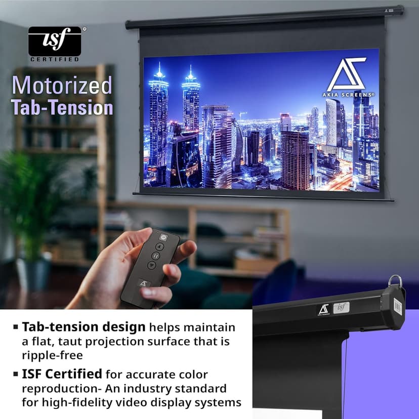 Akia Screens 105 inch Motorized Projector Screen Tensioned 16:9 Retractable Projector Screen Indoor Movie Screen Compatible with UST, Short, Standard Throw Projection for 4K Home Theater, AK-ELT105H