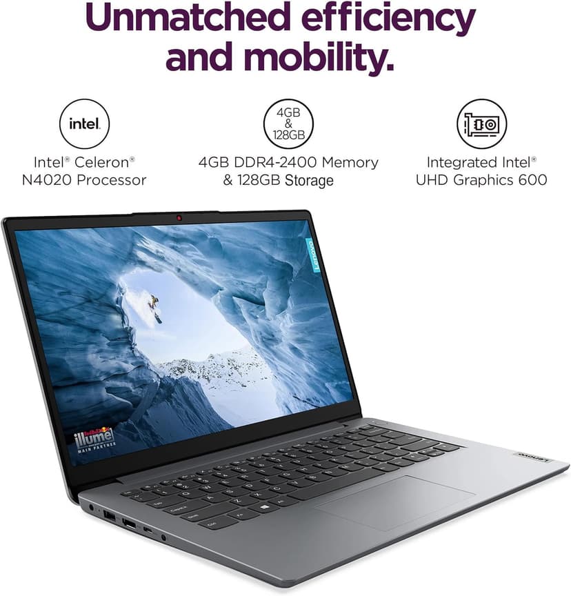 Lenovo IdeaPad Ultra Light Laptop for Student & Home (14" Anti-Glare, Intel Dual Core Processor, 4GB RAM, 128GB Storage (64GB+ 64GB SD)), 1 Year Office 365, Webcam, Wi-Fi 6, Win 11 Home in S, Grey